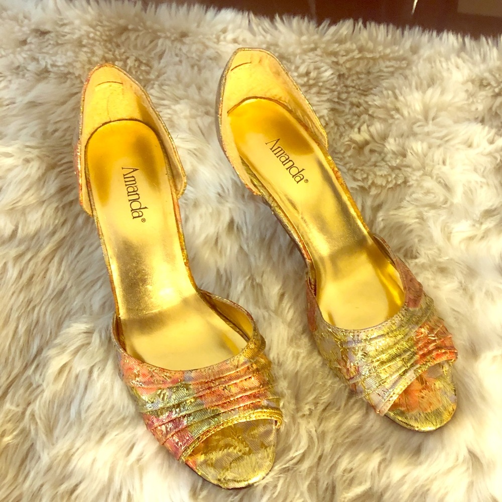 Gold floral slip on evening shoes